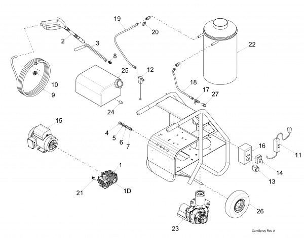 Diagram showing labeled replacement parts for 1000SHDE model pressure washer
