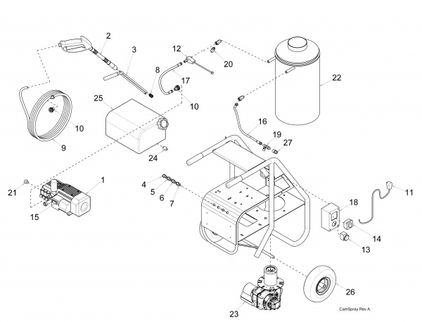 Diagram showing numbered replacement parts for pressure washer model 1450SHDE