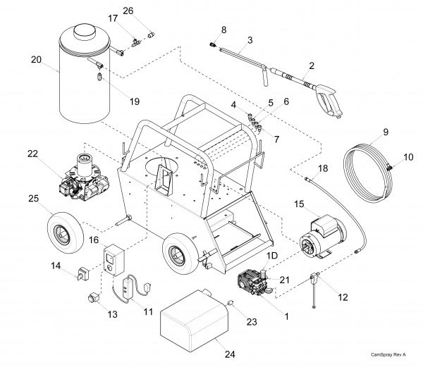 Diagram showing numbered replacement parts for pressure washer model 1500QE