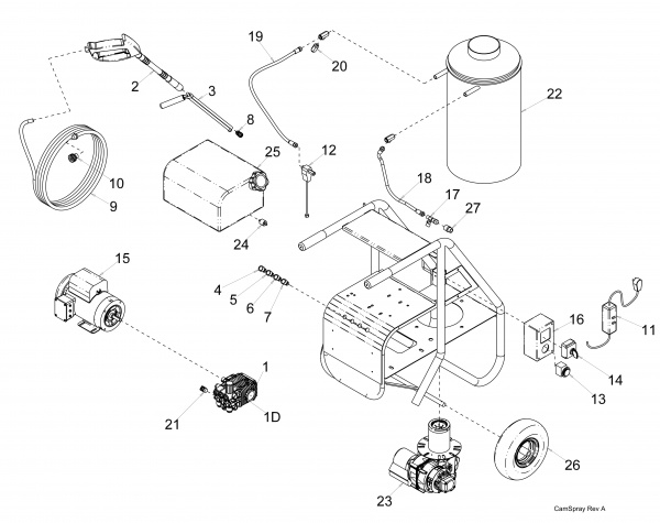 Diagram showing numbered replacement parts for pressure washer model 1500SHDE