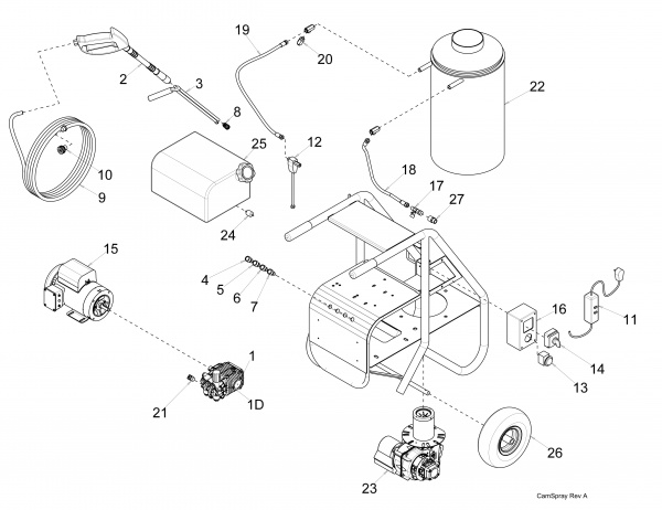 Diagram showing numbered replacement parts for pressure washer model 20005SHDE