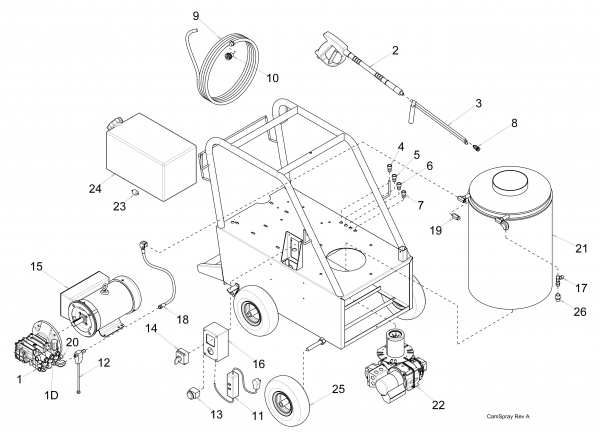Diagram showing numbered replacement parts for pressure washer model 2000QE
