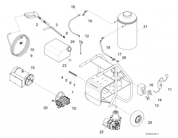 Diagram showing numbered replacement parts for pressure washer model 2000SHDE