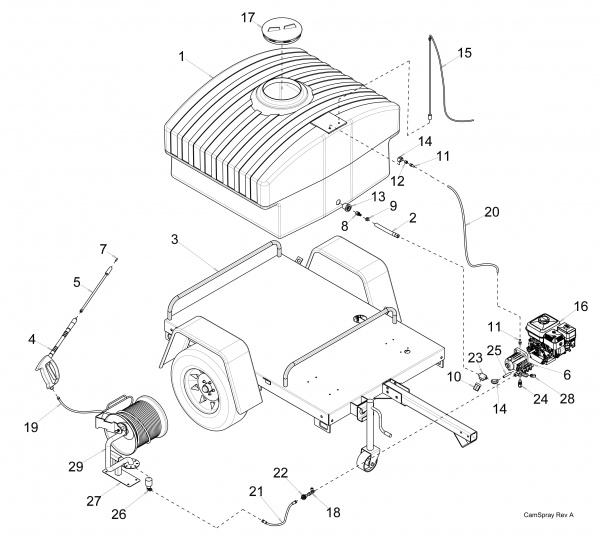 Diagram showing numbered replacement parts for pressure washer model 25006HT-CM