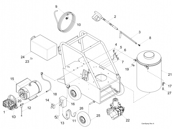 Diagram showing numbered replacement parts for pressure washer model 3000QE