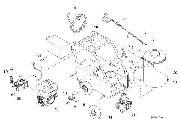 Diagram showing numbered replacement parts for pressure washer model 3040QD