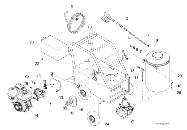 Diagram showing numbered replacement parts for pressure washer model 3040QH