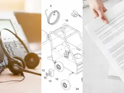 3 column image containing a headset and phone, pressure washer diagram, and a paper document